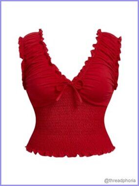 Plus Size Crop Top Ruched Bust V-Neck Sleeveless Frill Trim